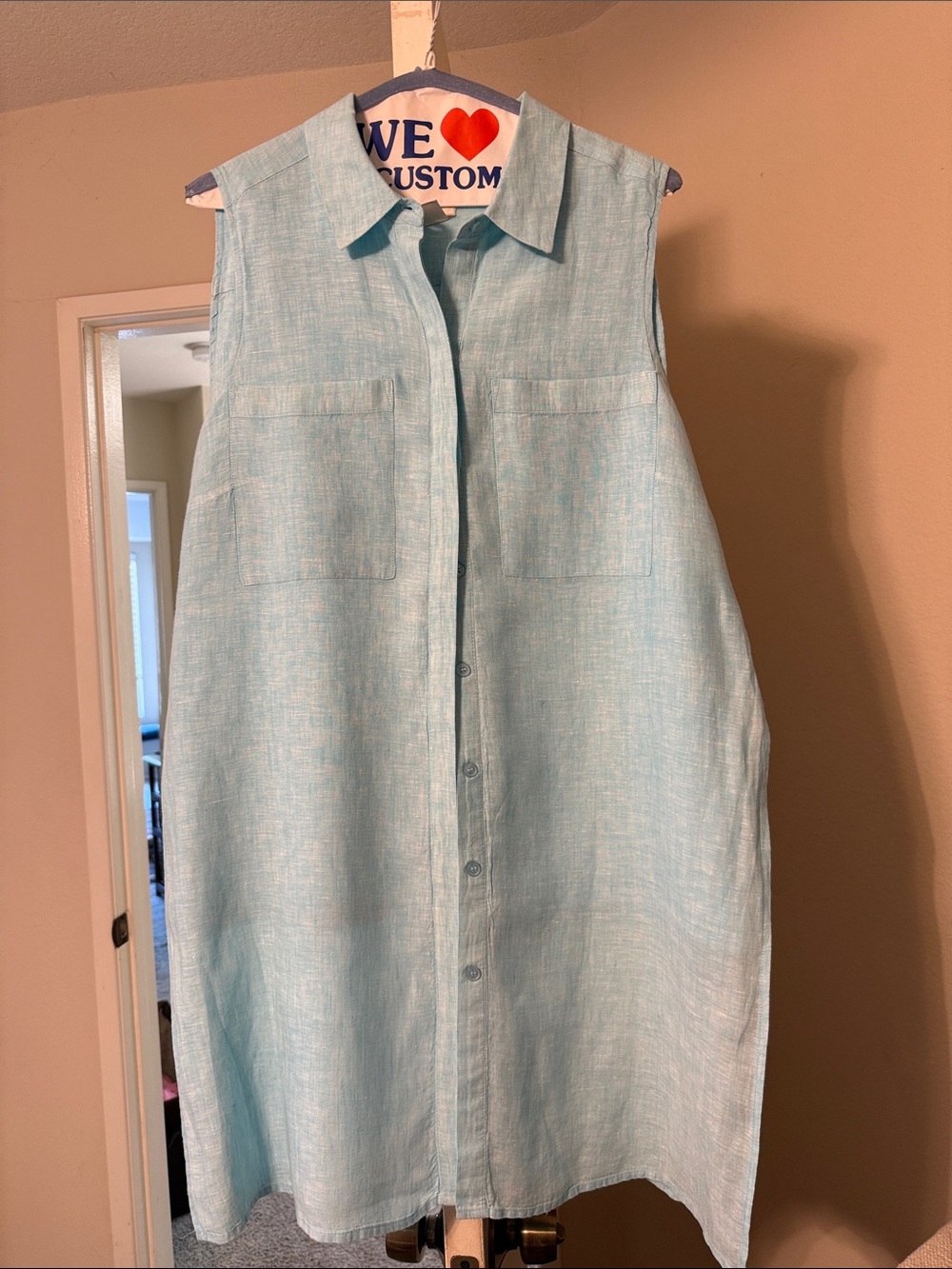 Sleeveless Button-Front Linen Dress in Light Aqua